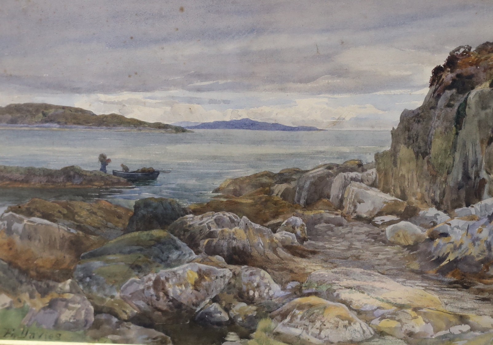 F. Davies, watercolour, Coastal landscape with fishing boat, signed, 26 x 38cm